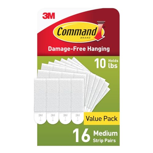 Command Picture Hanging Strips, Medium, White, Holds up to 12 lbs., 16-Pairs 32-Strips, Easy to Open Packaging