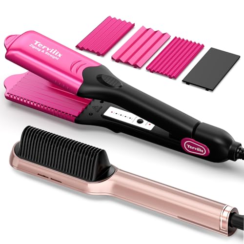 Terviiix 4-in-1 Hair CrimperHot Pink& Ionic Hair Straightener Brush