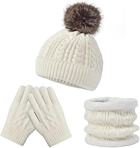 Kids Winter Hat Scarf Gloves Set - Thermal Fleece Lined Beanie with Pompoms, Soft Mittens & Neck Warmer for Boys Girls 1-12