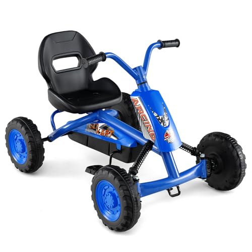 Costzon Go Kart for Kids, 4 Wheel Toddler Ride On Pedal Car with Steering Handlebars, Adjustable Seat, Outdoor Off-Road Racer Kiddie Cart, Toy Car Gift for Boys Girls Aged 3 Blue