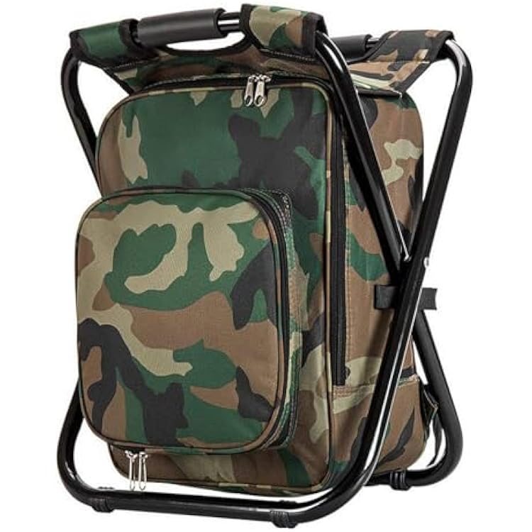 UISTRENGH Folding Large Size 3 in 1 Multifunctional Fishing Backpack Chair Stool with Cooler Insulated Picnic Bag Portable for Hiking Camping Travel BBQ Trekking Jungle Camouflage