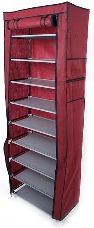 9-Tier Tall Shoe Rack with Fabric Cover, Compact Narrow Shoe Rack Free Standing Shoe Storage Organizer for Closet Entryway, Metal Structure Vertical Shoe Shelf Tower, 22.83"L x 11.4"W x 63", Red