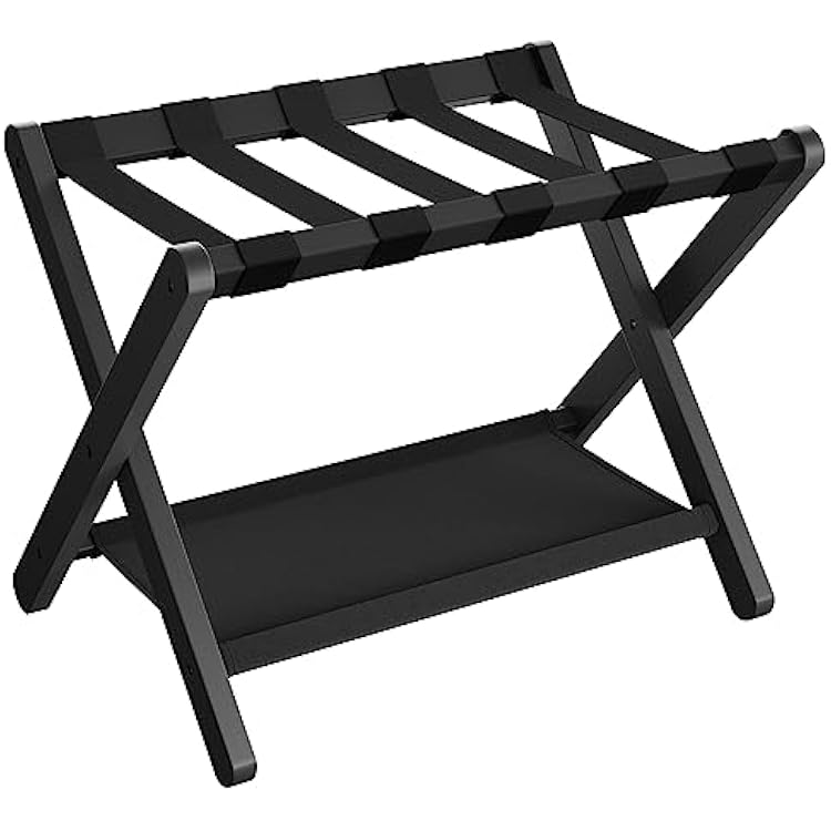 SONGMICS Luggage Rack, Folding Suitcase Stand with Storage Shelf, for Guest Room, Hotel, Bedroom, Heavy-Duty, Holds up to 131 lb, Classic Black URLR007B01