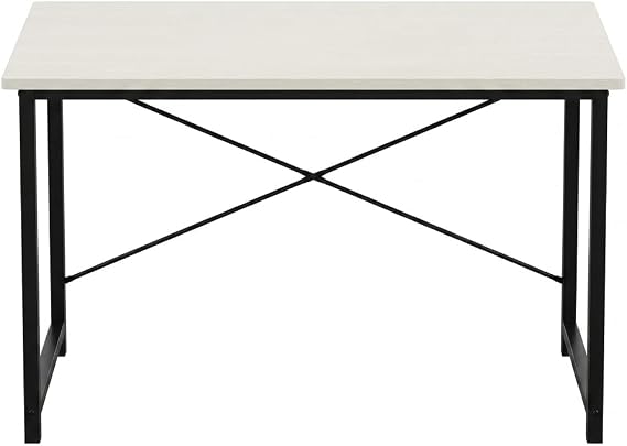47 Inch Modern Computer Desk, Minimalist Writing Desk with X-Shaped Metal Frame, Wood White Study Table for Home Office, Bedroom, and Small Spaces