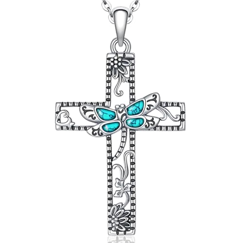 Dragonfly Necklace Sterling Silver Cross Necklaces for Women Turquoise Dragonfly Pendant Jewelry Mothers Day Gifts