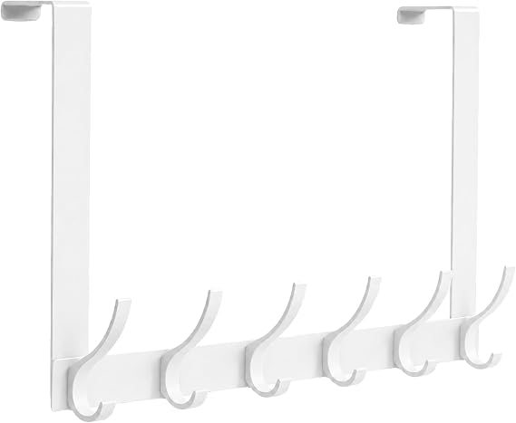 Peasulin Over The Door Hook Rack 11", 6 Double Hooks 12 Hanging Positions | Fits 1-3/4" Doors, White, Anti-Scratch 4 Pads, Over Door Towel Coat Rack Bathroom Bedroom Entryway