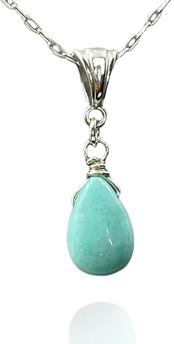 LND Natural Amazonite Necklace, Blue Gemstone Jewelry, Teardrop Handmade Pendant Necklace for Women, 925 Sterling Silver, 18 Inch