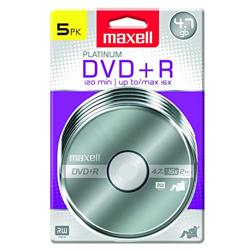Maxell 639031, Platinum DVDR - High Capacity Write-Once Discs for Videos & Digital Storage - 4.7GB Storage with 16X Write Speed Up To 120 Min, Exceptional Archival Life Pack 5