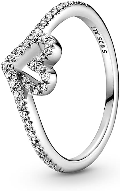 PANDORA Sparkling Wishbone Heart Ring - Stackable Ring for Women - Sterling Silver with Clear Cubic Zirconia - Size 7