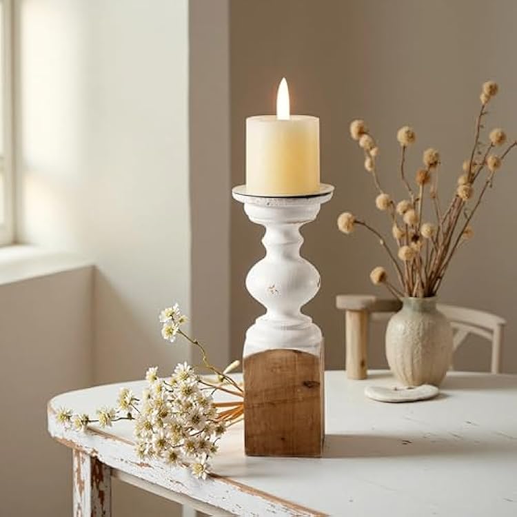 SOFE Wood Farmhouse Candle Holders, 11 Tall White Candle Holders for Pillar Candles, Rustic Candle Stand for Mantel, Coffee Centerpiece Table Decorations, Living Room, Dining Room Decor
