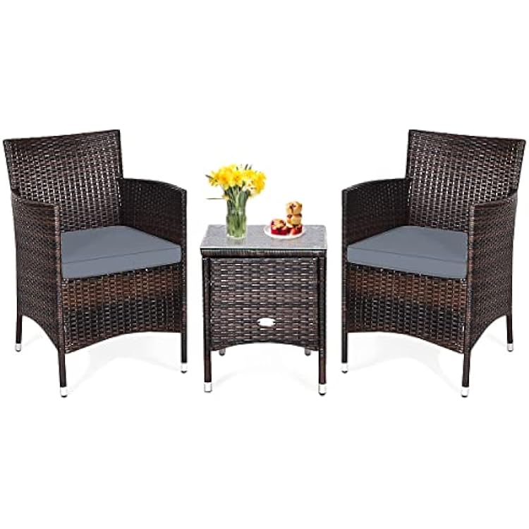 KOTEK 3 Piece Patio Furniture Set, Outdoor Wicker Conversation Set wGlass Top Coffee Table, Thick Cushions, Rattan Bistro Set for Patio, Garden, Porch, Lawn Grey