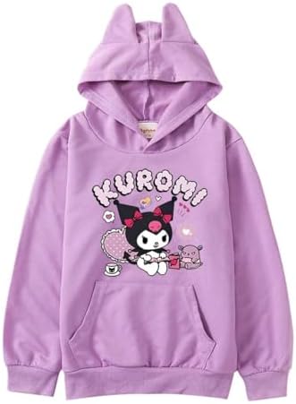 Anime Ears Hoodie Sweatshirts Petite Women's Long Sleeve Pullover Tops Girls Cute Cartoon Graphic Hooded Sweater, Black, M