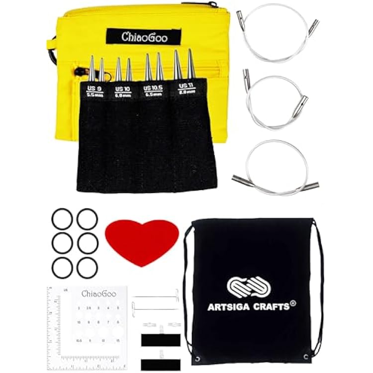 ChiaoGoo Twist Red Lace Shorties 3-Inch Large Yellow 7230-L Interchangeable Knitting Needle Set, US 9, 10, 10.5, 11 Stainless Steel with 3 Swiv360 Cables with Project Bag