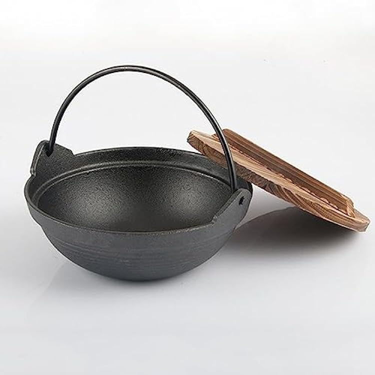 Japanese Style Cast Iron Sukiyaki Pot with Wooden Lid and Single Handle Shabu Hot Pot Sukiyaki Pan for Noodle, Ramen, Soup, 26cm,20cm