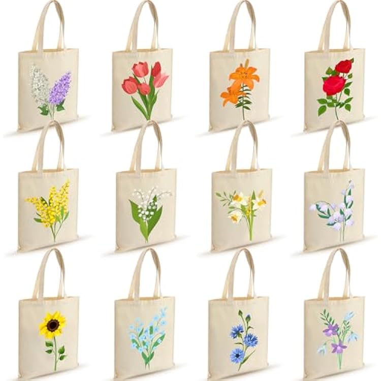 Shinylin 12 Pcs Floral Canvas Tote Bags Bulk Reusable Flower Tote Bags Book Club Gift Totes for Birthday Teacher Mother Women Gift 12 Classic Flowers