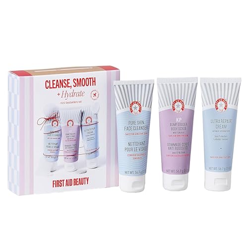 First Aid Beauty Cleanse, Smooth  Hydrate Kit - Skin Care Gift Set with Travel Size Facial Cleanser, KP Body Scrub & Ultra Repair Cream - Travel Friendly Skincare Set