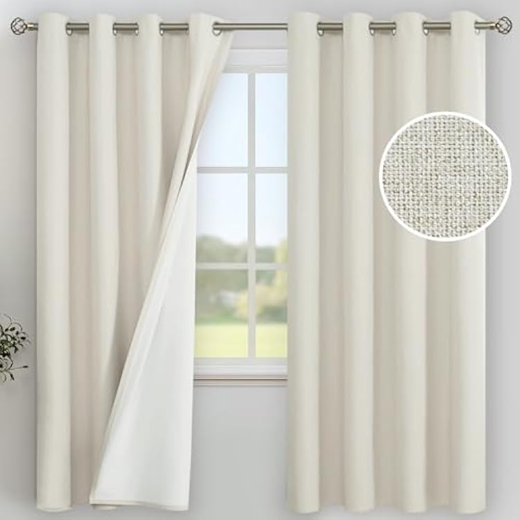 YoungsTex 72 Inches Long Linen 100% Blackout Curtains for Living Room, Ivory Cream Thermal Insulated Window Drapes with Grommet Boho Darkening for Bedroom Heat Blocking, 2 Panels, 52 X 72 Inch