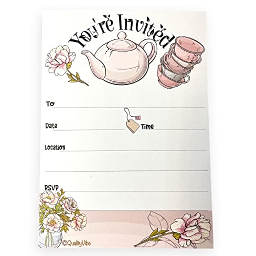 Tea Party Invitations, 25 Invites With Big Tea pot & flowers includes 25 envelopes for girl parties, engagement, bridal and baby shower or birthdays, High Tea. Thick and Quality Cards.