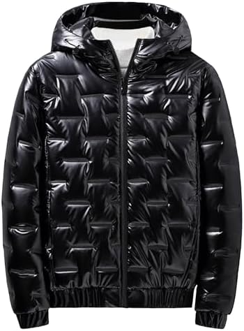 DGHM-JLMY Mens Winter Detachable Collar Puffer Jacket Hooded Padded Glossy Down Jacket Thick Warm Metallic Hood Padded Coats Black1,Medium