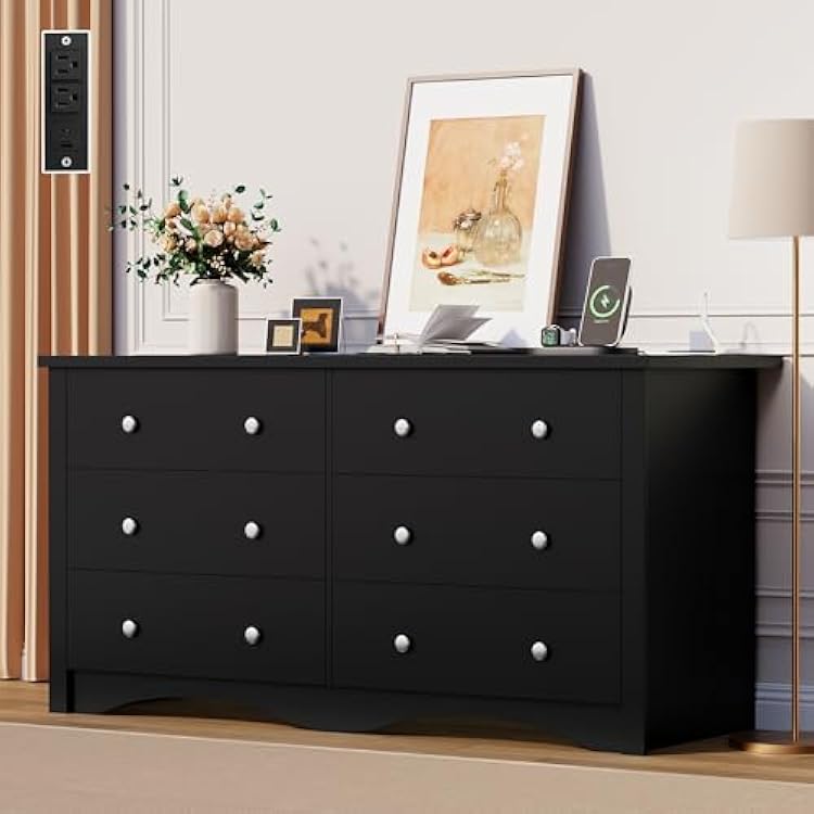 Flamaker 6 Drawer Dresser with Power Outlet, Modern Wooden Chest of Drawers, Multipurpose TV Stand & Closet for Bedroom, Living Room, Hallway Black