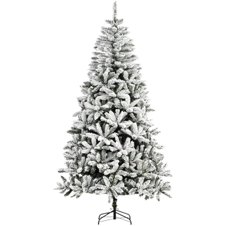 HOMCOM 7.5 Tall Unlit Snow Flocked Pine Artificial Christmas Tree with Realistic Branches, Green