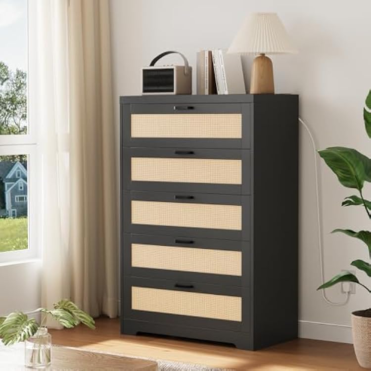 GarveeHome Rattan Dresser, Tall Chest of Drawers, Wood Dresser for Bedroom, Closet, Living Room, Hallway Black Natural, 15.8 D x 31.5 W x 47.2 H 5 Rattan Drawers
