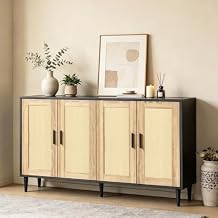 Sideboard Buffet Cabinet with Storage,Storage Sideboard with Rattan Decorated Doors and Adjustable Shelf,with Solid Wood Feet,Buffet Table,for Dining Room, Kitchen, and Living Room,Console Table,Black
