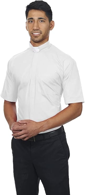 Men's Short Sleeves Tab Collar Clergy Shirt White