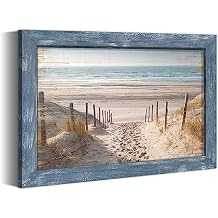 Framed Beach Road Wall Art: Modern Coastal Sea Level Painting Wood Decor Rustic Blue Ocean Artwork Calming Seascape Nature Picture Contemporary Sandy Seaside Prints for Bedroom Bathroom Living Room