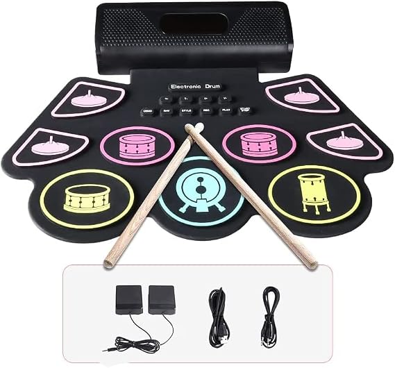 Electronic Drum Kit with 9 Pads Coolmusic Portable Roll-Up Drum Pad E-Drum Kit Integrated Dual Stereo Speakers E-Drum for Beginners Black