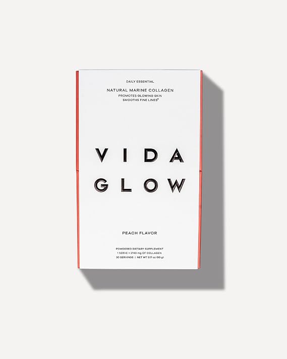 Vida Glow Marine Collagen Powder - Anti Aging Supplement with Collagen Peptides, Promotes Glowing Skin, Strong Nails, Healthy Hair | 30 Servings, Peach Flavor