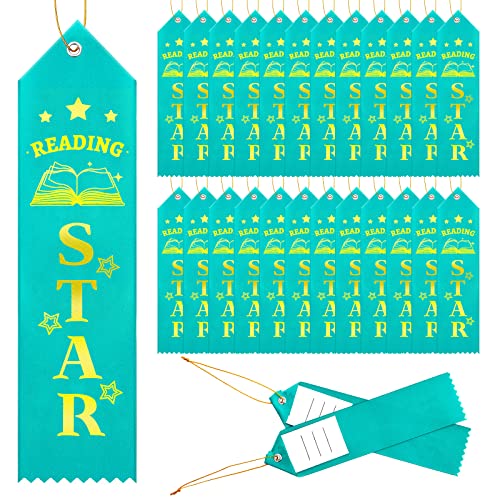 Outus 50 Pcs Reading Star Award Ribbons with Event Card and Rope Set Reader Awards Ribbons Prize Ribbon for Student Ceremonies and Events Classroom Prizes