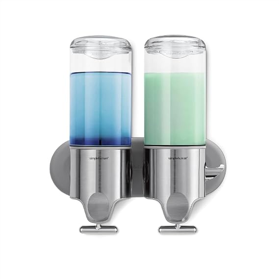 simplehuman Wall Mount Pumps, Twin 15 fl. oz. Shampoo & Soap Dispenser, Stainless Steel