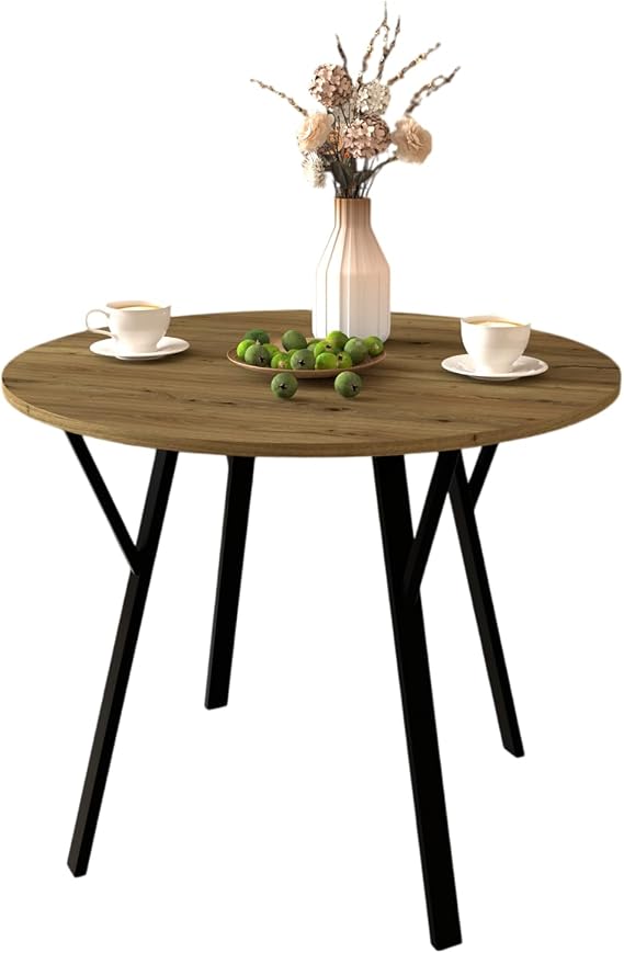 Round Dining Table for Small Space, Circle Kitchen Table with Metal Black Legs for 2-4 People, Modern Round Dining Room Table for Home Kitchen, Small Dining Table Round Tea Table (Brown, 35.4in)