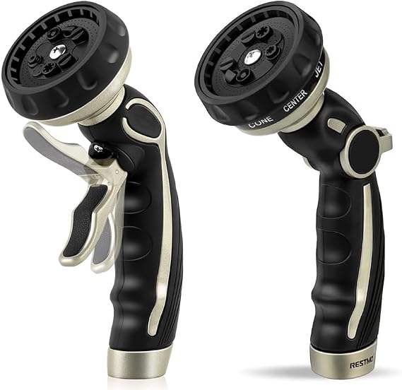 RESTMO Hose Nozzle with Easy Self-Lock Trigger, Heavy Duty Metal Water Hose Sprayer with 9 Spray Patterns and On/Off Valve, High Pressure | Thumb Flow Control, Ideal for Outdoor Lawn & Plant Watering,