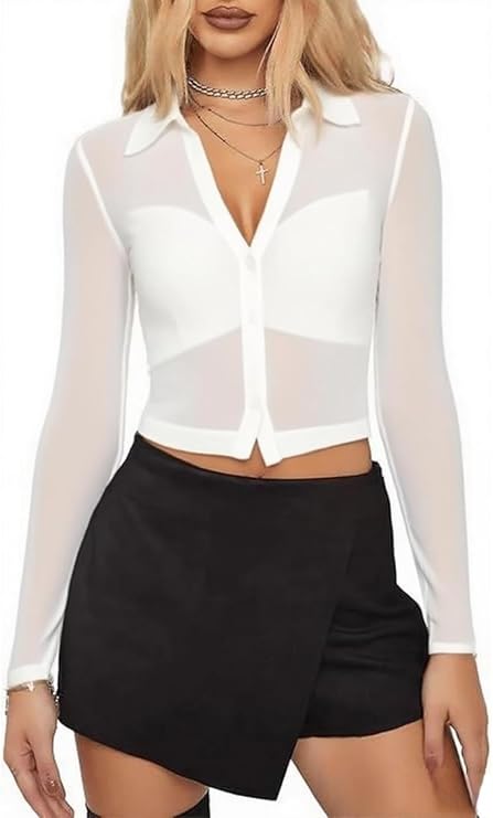 YOINS Women's Sexy Mesh Shirt Sheer Button Up Blouse Long Sleeve Crop Top