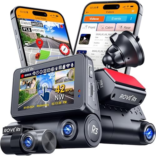ROVE R3 Dash Cam Front and Rear with Cabin, 3 IPS Touch Screen, 3 Channel Dash Cam 1440P1080P1080P, IR Night Vision, 5GHz WiFi, Up to 30MBs Download Speed, Quad-Mode GPS, Supports 512GB Max