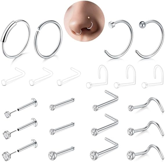 Longita 9-22Pcs Nose Rings & Studs Set 18G Stainless Steel Nose Piercing Jewellery with Hoops UV Studs (L-Shape,Screw,Hook) 7mm Length for Nose,Septum,Lip,Helix,Tragus,Daith Gold & Silver
