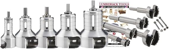 Lumberjack Tools Tenon Cutter Kit for Log Furniture, 0.5" & 0.75" & 1" & 1.5" & 2" Cutters & Forstner Bits, Pro Series Aluminum, 1/2" Shank, Dual Blades Create a Radius Shoulder Profile, Made in USA