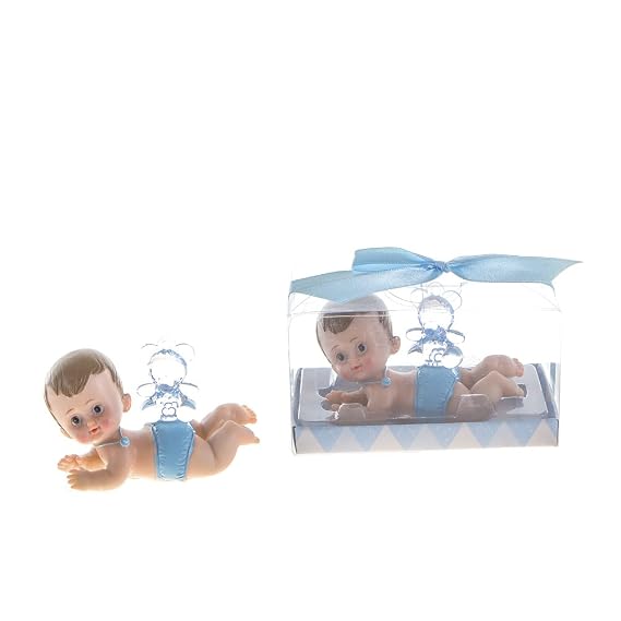 Lunaura Baby Keepsake - Set of 12 "Boy" Baby Laying with Teddy Bear on Back Favors - Blue