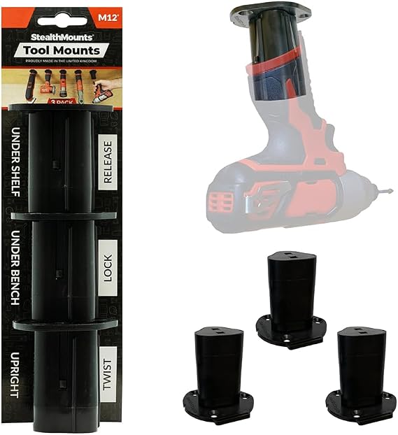 StealthMounts Tool Holder Compatible with Milwaukee M12 (3 Pack) - Black Locking Tool Mounts | Made in the UK