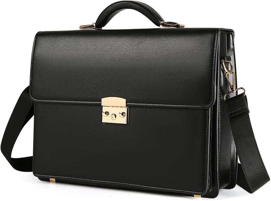 Briefcases for Men Business Mens Leather Briefcase Locking Black Laptop Messenger Bag Lawyer Hard Case