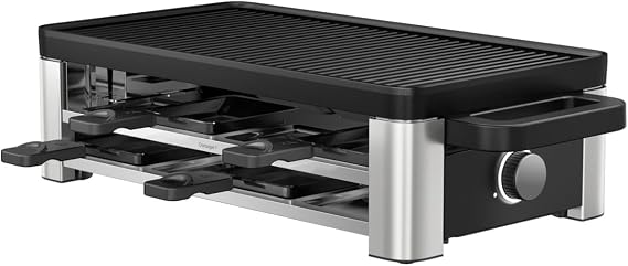 WMF Lono Selection Raclette Grill for 8 People High-Quality Cromargan Stainless Steel 1500 W Power Ceramic-Coated Grill Plate 8 Pans and Spatula Temperature Control and Shelf