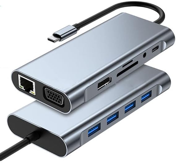 Coverzone 11 in 1 Type-C To USB Hub HDMI (4K),Audio/, Type-C/, 4X USB 3.0/, LAN/, VGA/, SD Card Reader Converter Hub 10 Port Adapter Converter Multiplexer