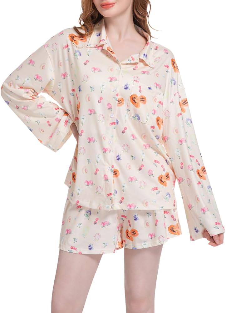 2 Piece Women Cute Cherry Pajamas Fruit Strawberry Pjs Set for Women Button up Pajama for Loungewear Sleepwear