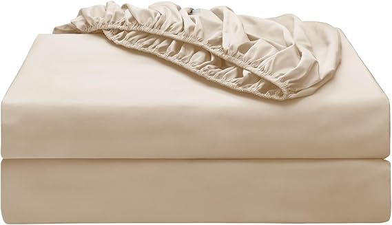 2-Pack Pure Cotton Bottom Sheet Twin Size, 600 Thread Count 16" Deep Pocket Egyptian Cotton Fitted Sheet (2-Pack, Twin, Beige)