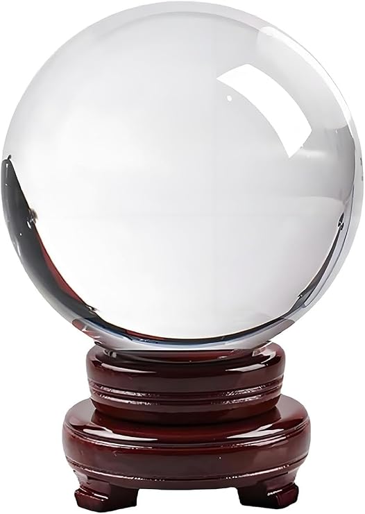 Crystal Ball with Wooden Stand - Clear Glass Display Sphere for Home Decoration Photography & Meditation Accessory Hanging Ornament (100mm)