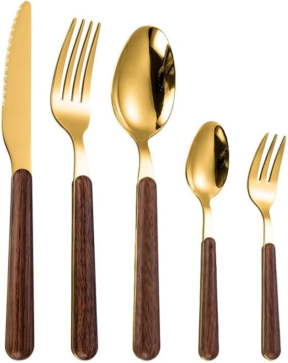 Cutlery Flatware Cutlery Set, 5/20/30/40 Pieces Wooden Handle Stainless Steel Knife, Fork And Spoon Set Retro Coffee Dessert Spoon Fruit Fork,Gold-1Set-5Pcs