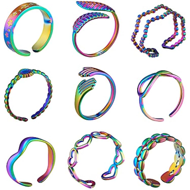 Ornaland 9 Pcs 9 Styles Rainbow Color Cuff Rings Set for Women Hand Hollow Heart Moon Knuckle Open Rings Adjustable Stackable Finger Rings Jewelry Gifts