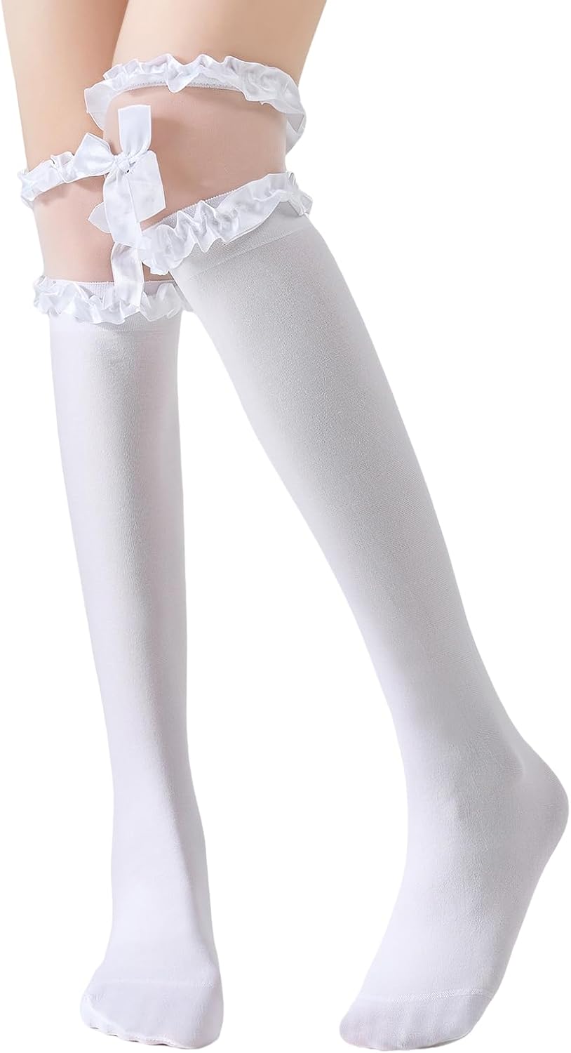 Thigh High Socks with Lace Ruffles & Bows – Over the Knee Lolita Stockings for Halloween Cosplay, Schoolgirl Outfits